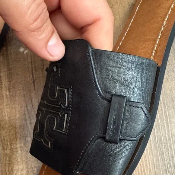 Tory Burch Black Leather Slide Sandals with Tan Footbed - Picture 8 of 13